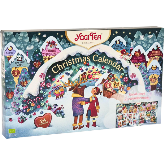 Yogi Tea Adventskalender 2025 Vorderseite mit festlichem Weihnachtsmotiv und 24 Türchen