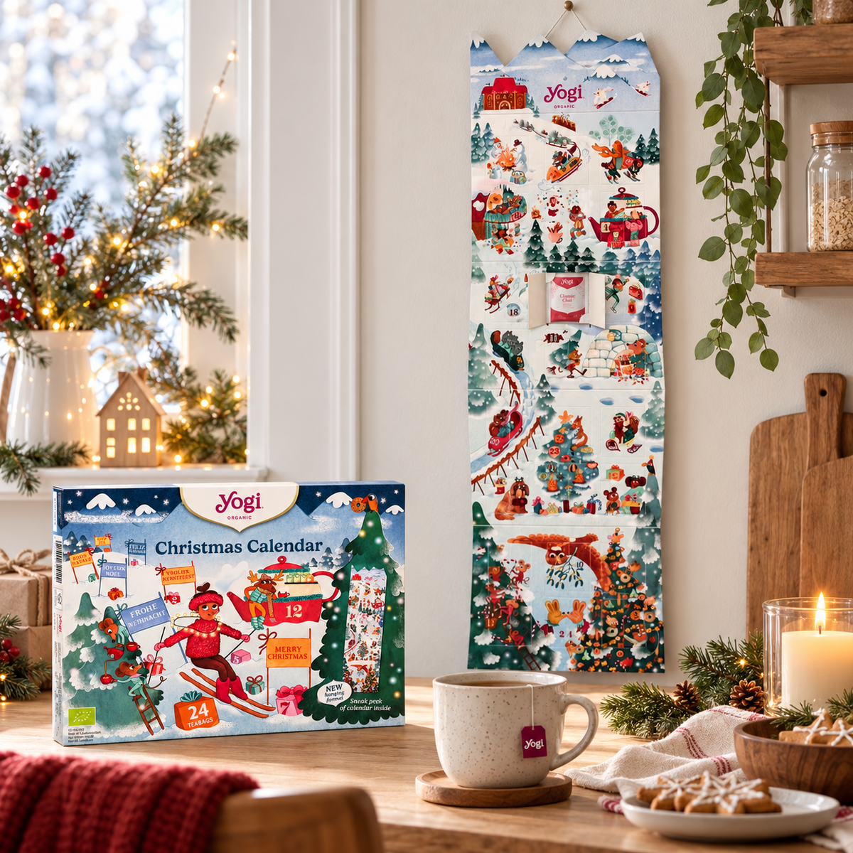 Yogi Tea Adventskalender 2026 aufgehängt in weihnachtlicher Küche mit Tee und Dekoration