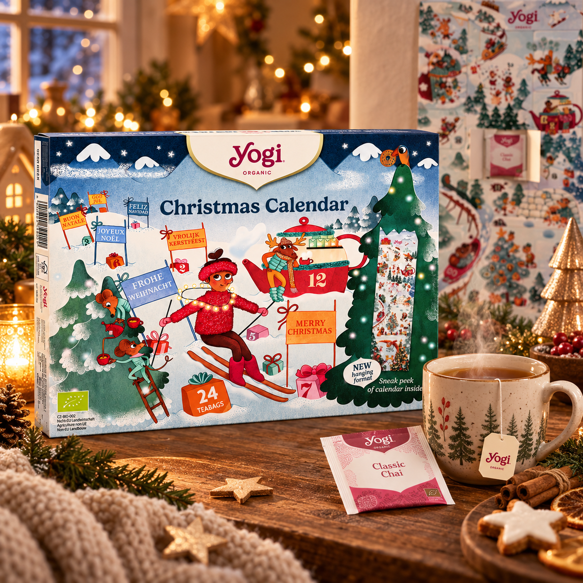 Yogi Tea Christmas Calendar 2026 mit Tasse Tee und weihnachtlicher Dekoration