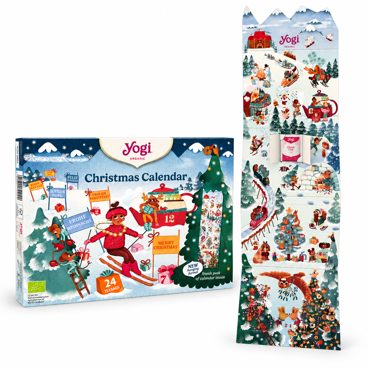 Yogi Tea Christmas Calendar 2026 mit Verpackung und geöffnetem hängendem Adventskalender