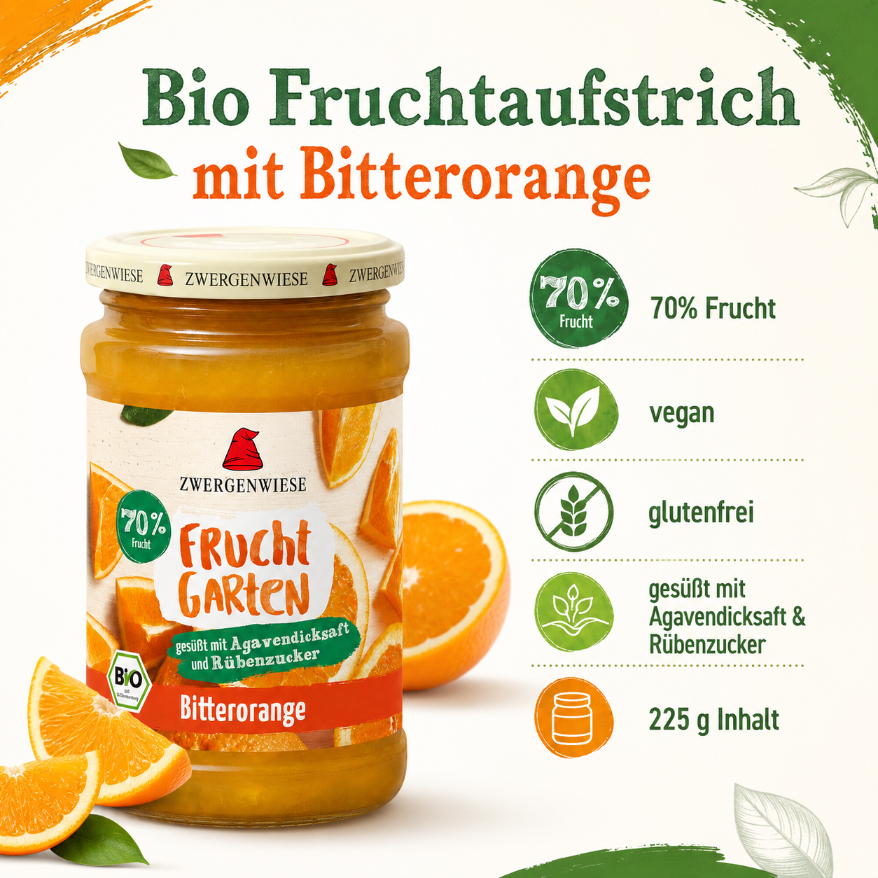 Zwergenwiese FruchtGarten Bitterorange mit 70 Prozent Frucht, vegan und glutenfrei im 225-g-Glas