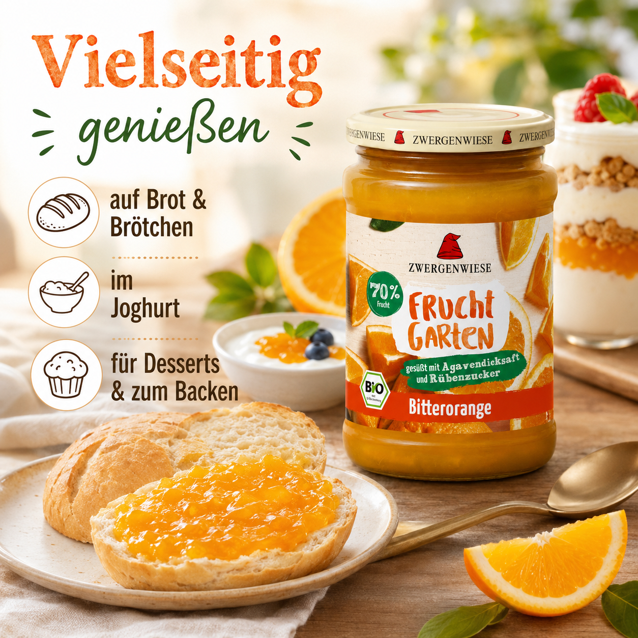 Zwergenwiese Bitterorange Fruchtaufstrich mit Brötchen, Joghurt und Dessert als vielseitige Genussideen