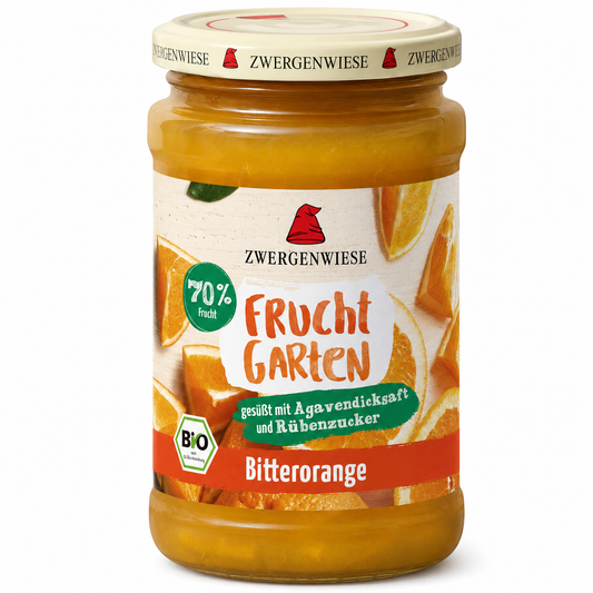 Zwergenwiese FruchtGarten Bitterorange Bio-Fruchtaufstrich im 225-g-Glas vor weißem Hintergrund