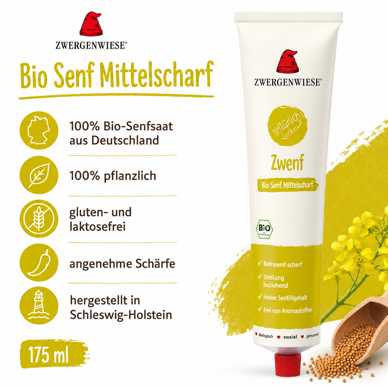 Zwergenwiese Zwenf Bio Senf mittelscharf mit Bio-Senfsaat aus Deutschland sowie veganen, glutenfreien und laktosefreien Eigenschaften