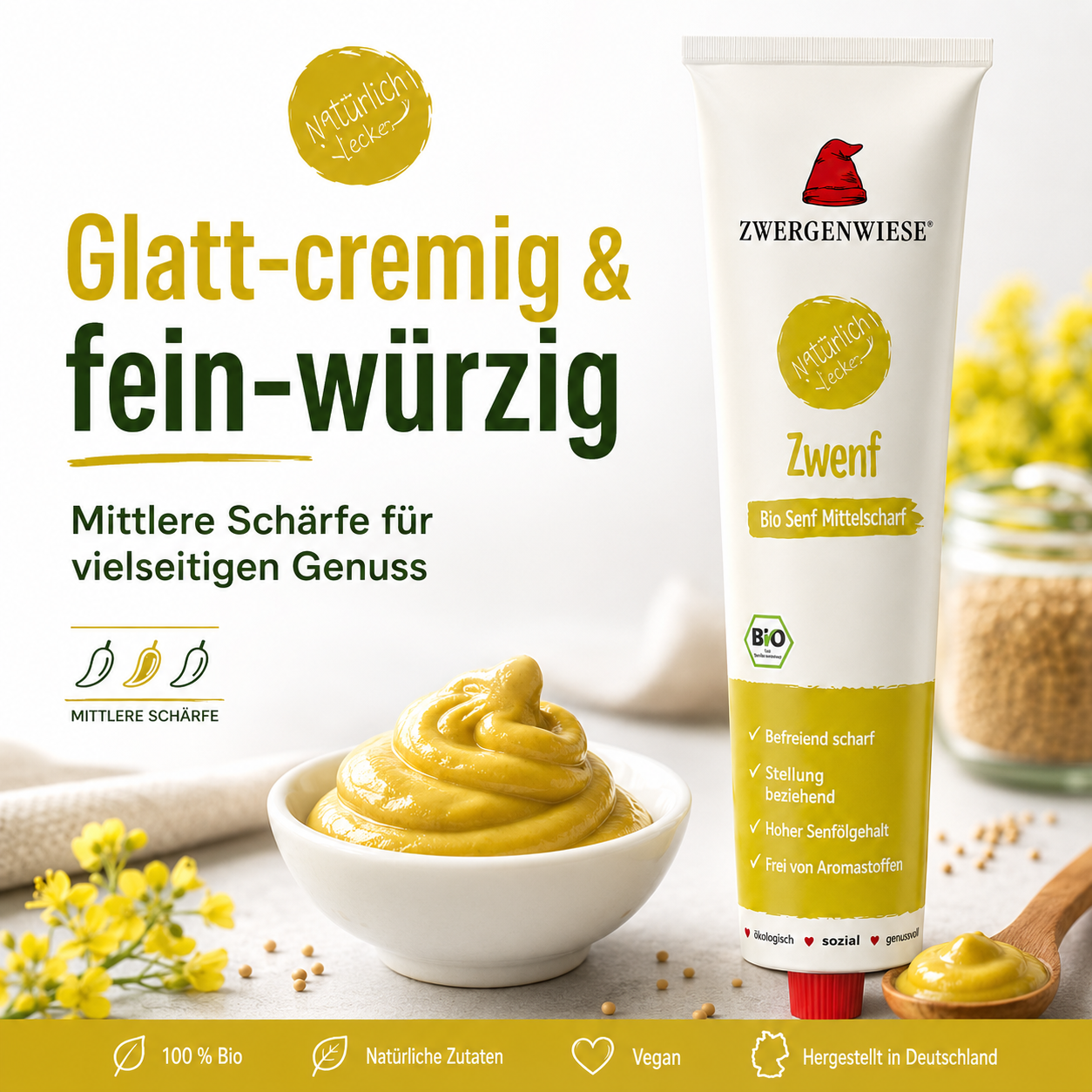 Zwergenwiese Zwenf Bio Senf mit glatt-cremiger Konsistenz, fein-würzigem Geschmack und mittlerer Schärfe
