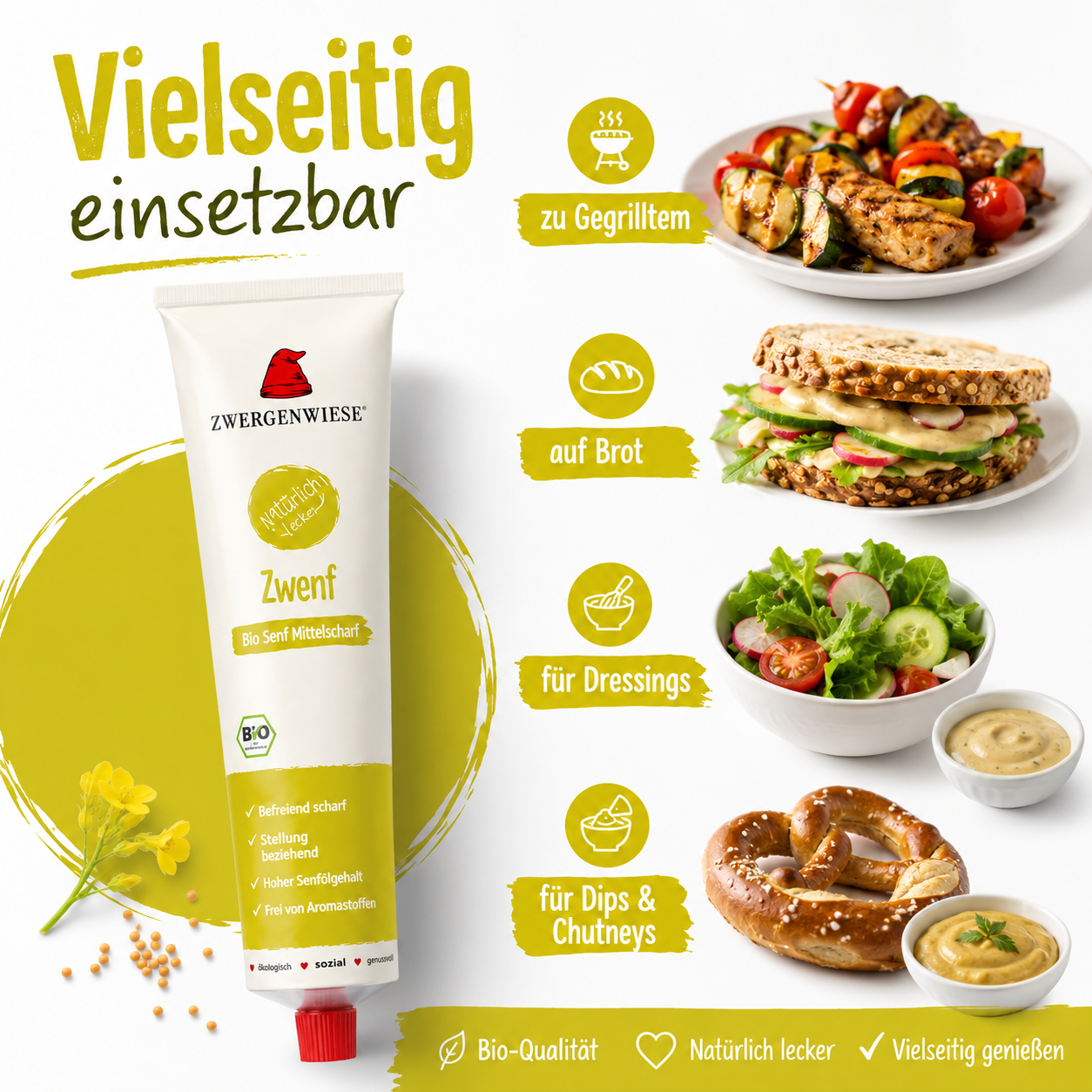 Zwergenwiese Zwenf Bio Senf für Gegrilltes, Brot, Dressings, Dips und Chutneys