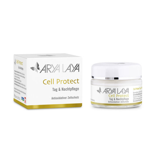 Tigel und Umverpackung der ARYA LAYA Cell Protect Tag und Nachtpflege mit Antioxidativem Zellschutz